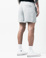 Heather grey french terry shorts. Raw cut 7" inseam. Fair trade and Sustainably produced.