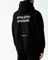 House of Nigh athletic division black hoodie made with 450 GSM cotton and a water based print for breathability in North America for a luxury sportswear look and feel